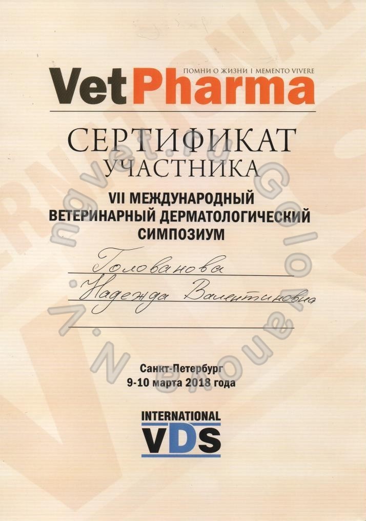 Сертификат ветеринарного врача Головановой Н.В. как участника Седьмого Международного ветеринарного дерматологического симпозиума 2018