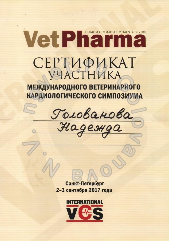 Сертификат ветеринарного врача Головановой Н.В. как участника Международного ветеринарного кардиологического симпозиума. 2017
