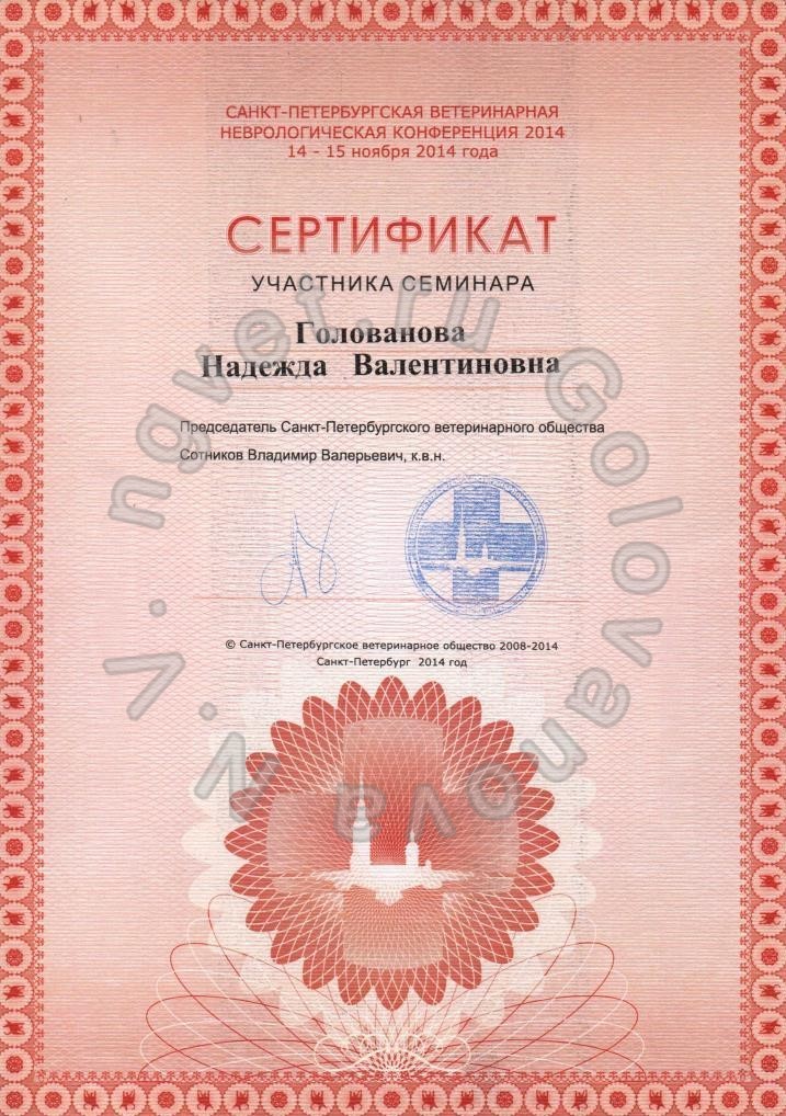 Сертификат ветеринарного врача Головановой Н.В. как участника семинара Санкт-Петербургской ветеринарной неврологической конференции 2014