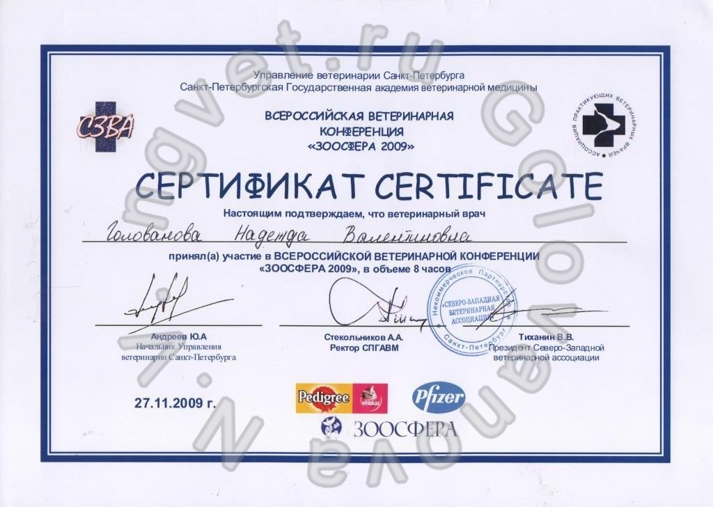 Сертификат участника Всероссийской Ветеринарной Конференции "ЗооСфера 2009"